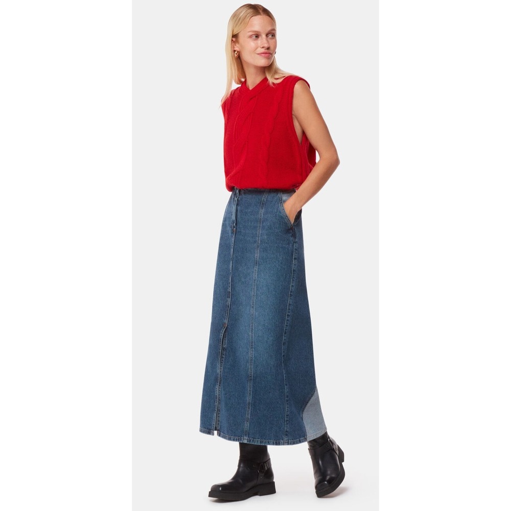 Whistles Denim Midi Skirt Women Size 8‎ Blue Panel Seam Inset Slit